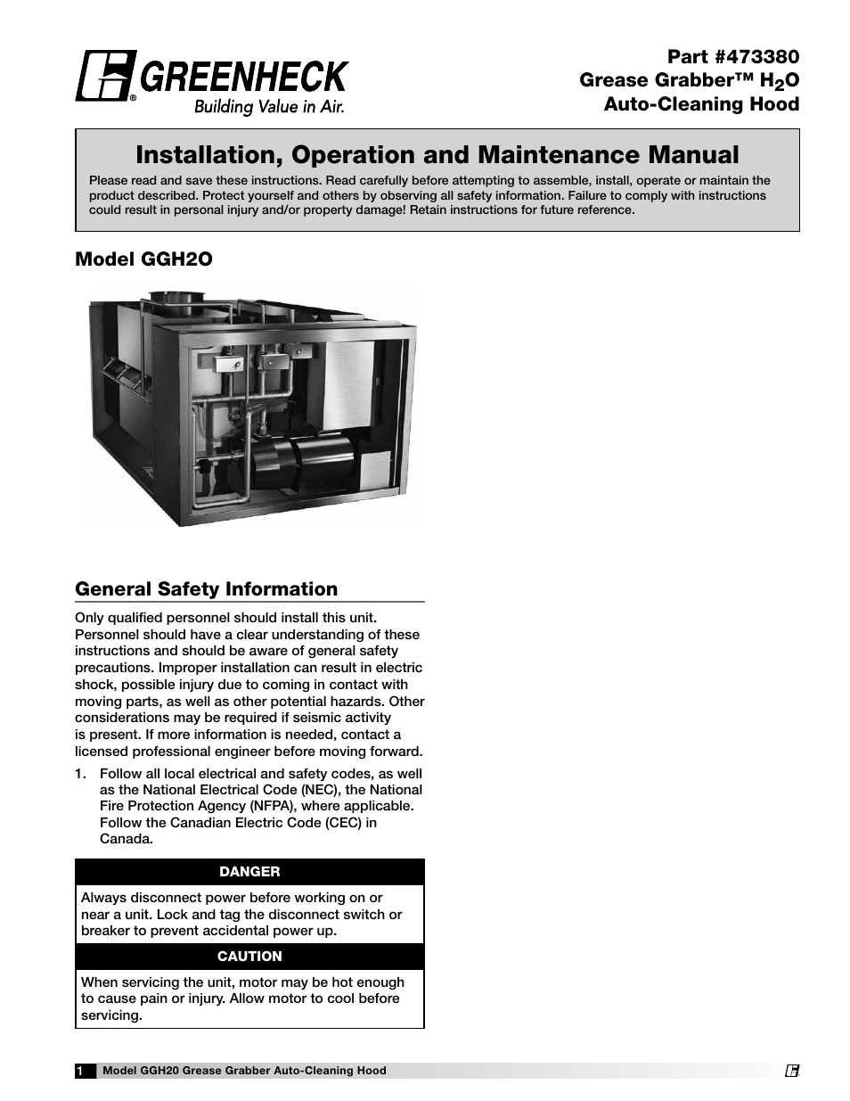 Greenheck Fan Grease Grabber H2O Auto-Cleaning Hood GGH20 User Manual | 28 pages