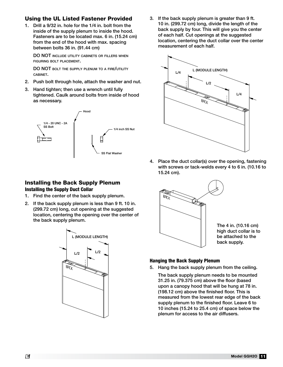 Step 1, Step 2, Using the ul listed fastener provided | Installing the back supply plenum, Installing the supply duct collar, Hanging the back supply plenum | Greenheck Fan Grease Grabber H2O Auto-Cleaning Hood GGH20 User Manual | Page 11 / 28