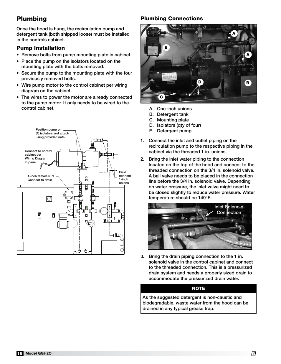 Plumbing, Pump installation, Plumbing connections | Greenheck Fan Grease Grabber H2O Auto-Cleaning Hood GGH20 User Manual | Page 16 / 28