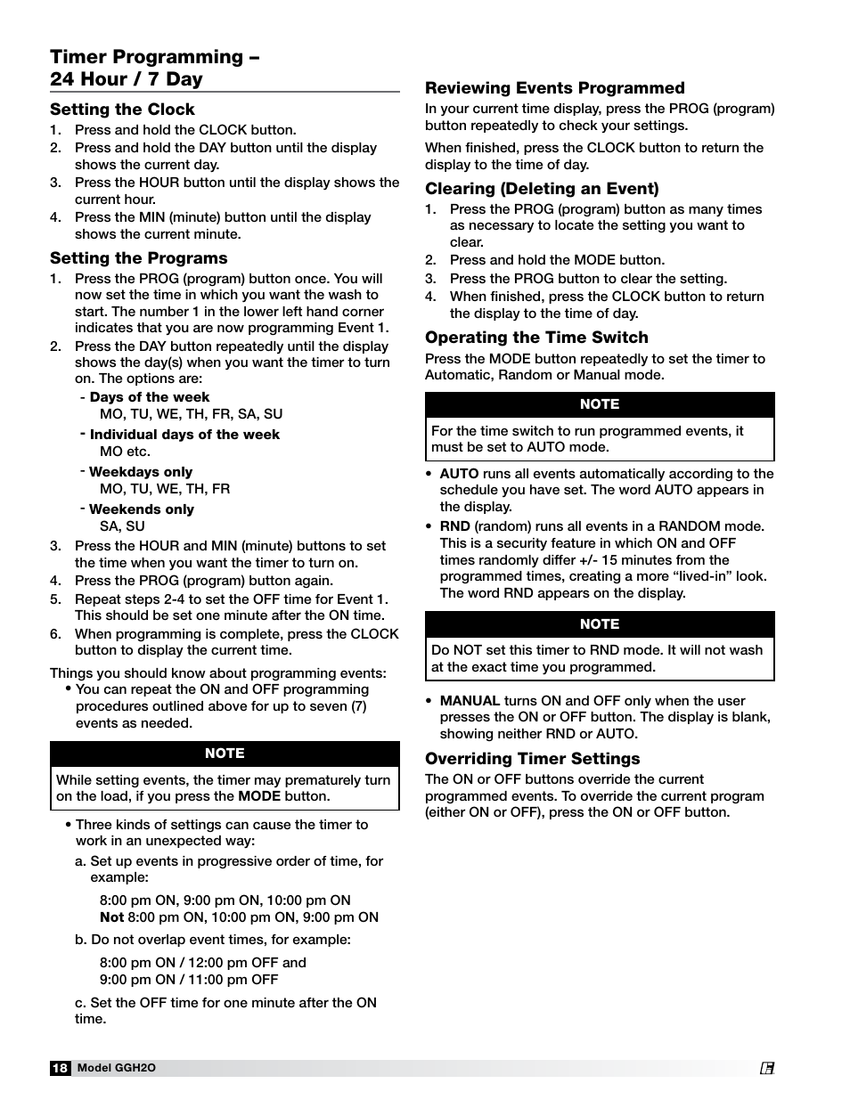 Timer programming – 24 hour / 7 day | Greenheck Fan Grease Grabber H2O Auto-Cleaning Hood GGH20 User Manual | Page 18 / 28