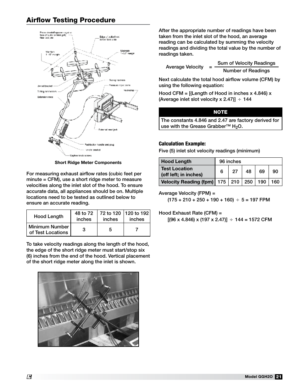 Airflow testing procedure | Greenheck Fan Grease Grabber H2O Auto-Cleaning Hood GGH20 User Manual | Page 21 / 28