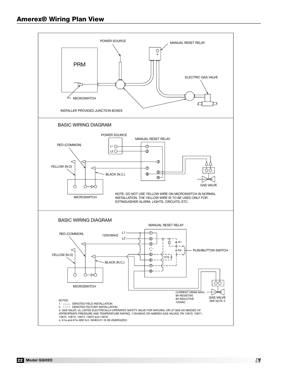 Amerex® wiring plan view, Basic wiring diagram | Greenheck Fan Grease Grabber H2O Auto-Cleaning Hood GGH20 User Manual | Page 22 / 28