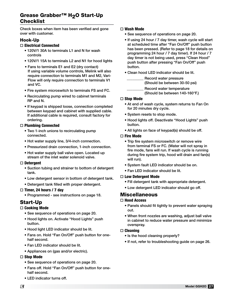 Miscellaneous, Grease grabber™ h2o start-up checklist, Start-up | Greenheck Fan Grease Grabber H2O Auto-Cleaning Hood GGH20 User Manual | Page 27 / 28