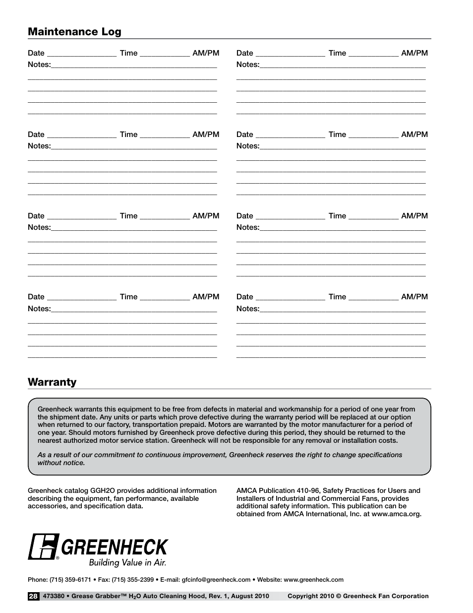Warranty, Maintenance log | Greenheck Fan Grease Grabber H2O Auto-Cleaning Hood GGH20 User Manual | Page 28 / 28
