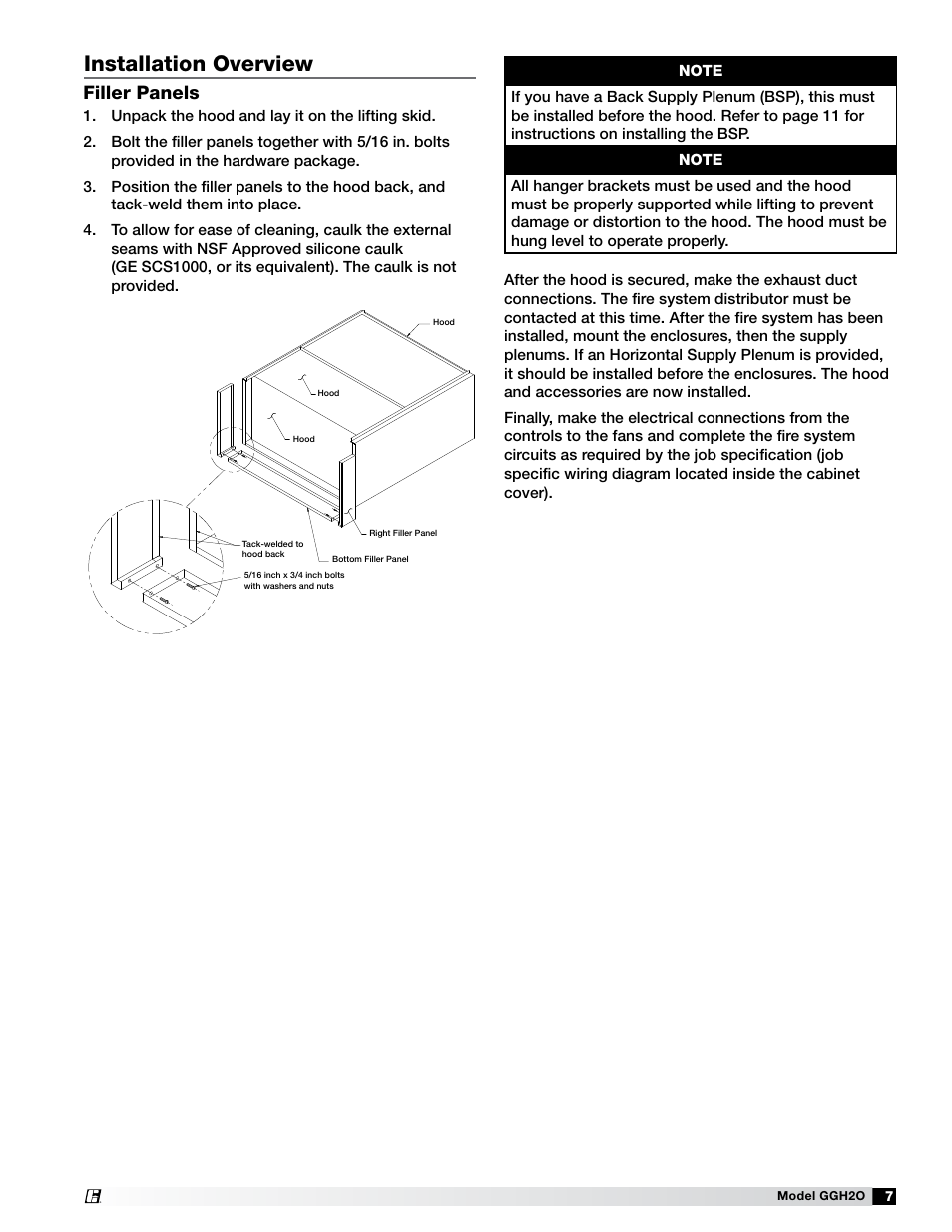 Installation overview, Filler panels | Greenheck Fan Grease Grabber H2O Auto-Cleaning Hood GGH20 User Manual | Page 7 / 28