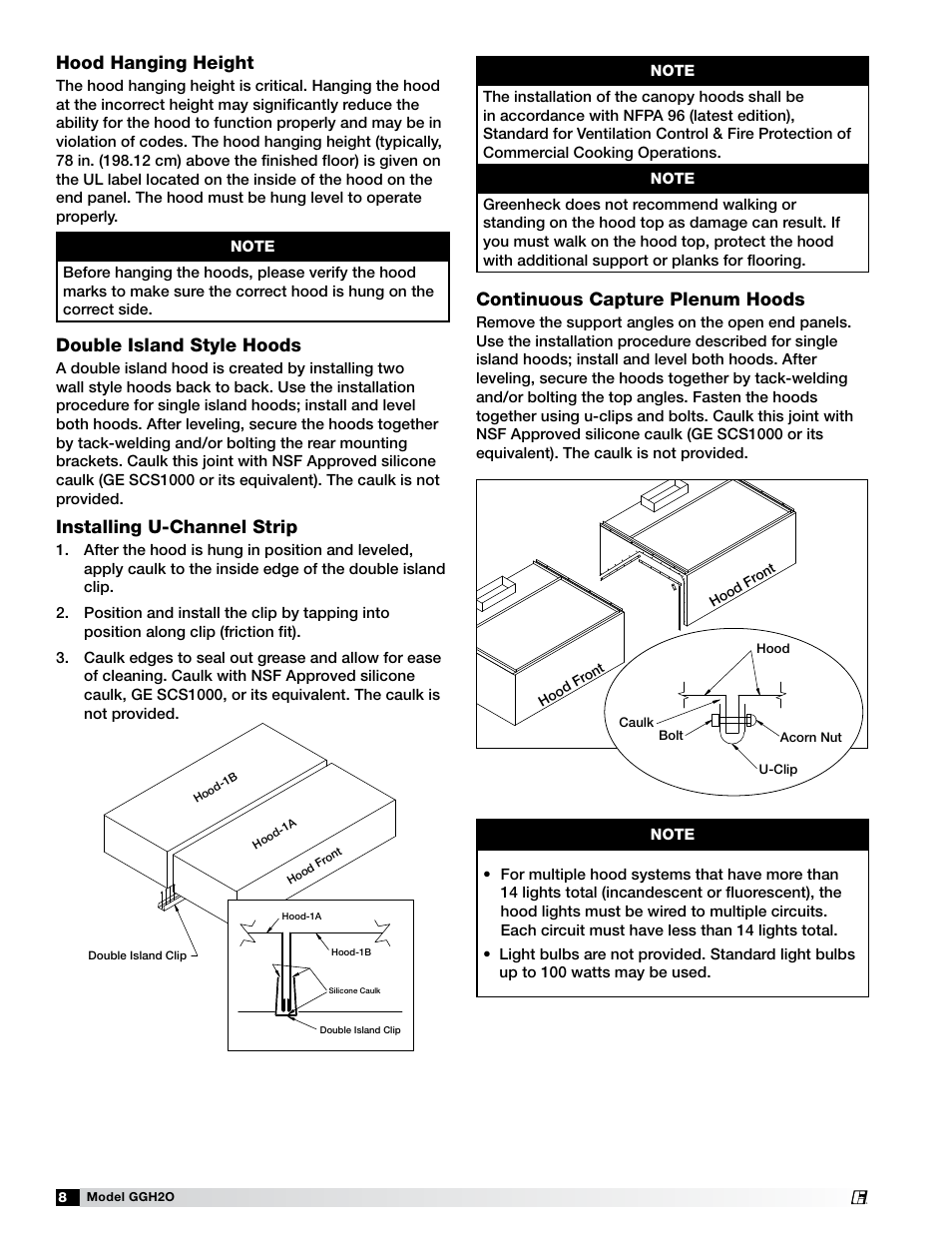 Double island style hoods, Continuous capture plenum hoods, Installing u-channel strip | Hood hanging height | Greenheck Fan Grease Grabber H2O Auto-Cleaning Hood GGH20 User Manual | Page 8 / 28