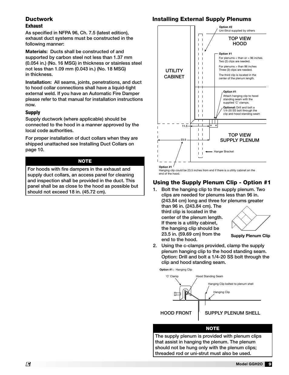 Ductwork, Exhaust, Supply | Supply plenum clip | Greenheck Fan Grease Grabber H2O Auto-Cleaning Hood GGH20 User Manual | Page 9 / 28