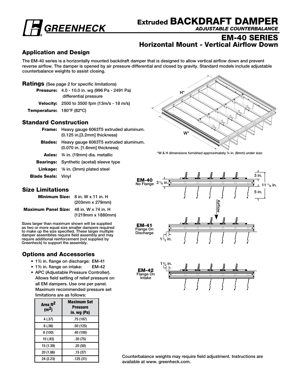 Greenheck Fan Extruded Backdraft Damper EM-40 User Manual | 2 pages