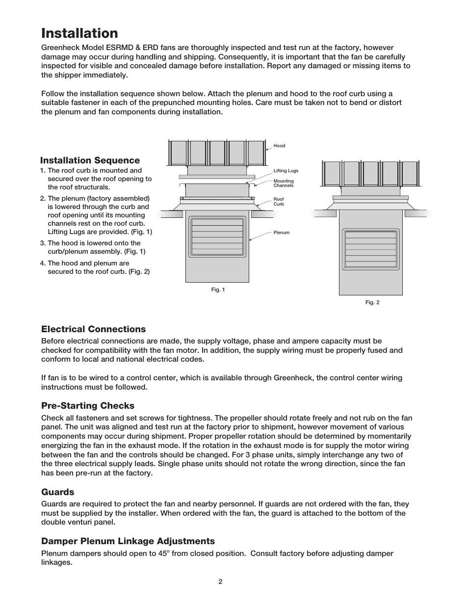 Installation, Electrical connections, Pre-starting checks | Guards, Damper plenum linkage adjustments, Installation sequence | Greenheck Fan ERD User Manual | Page 2 / 4