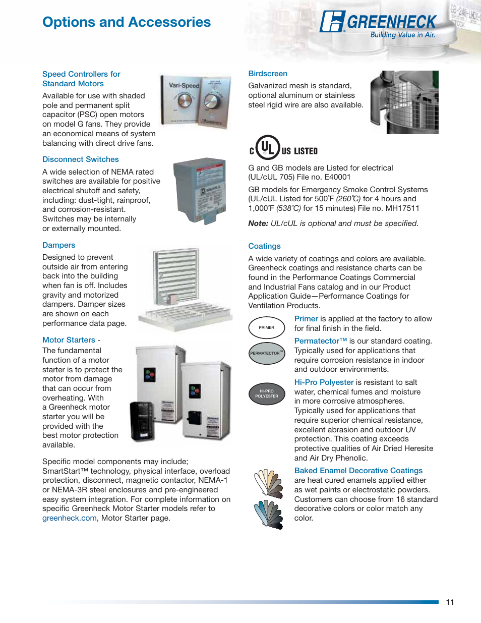 Options and accessories | Greenheck Fan Centrifugal Roof Downblast Exhaust Fans GB User Manual | Page 11 / 52