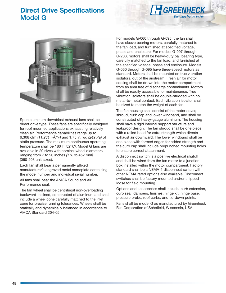 Direct drive specifications model g | Greenheck Fan Centrifugal Roof Downblast Exhaust Fans GB User Manual | Page 48 / 52