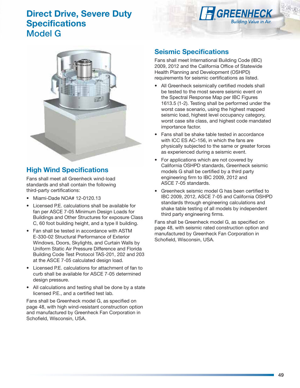 Direct drive, severe duty specifications model g, High wind speciﬁcations, Seismic speciﬁcations | Greenheck Fan Centrifugal Roof Downblast Exhaust Fans GB User Manual | Page 49 / 52