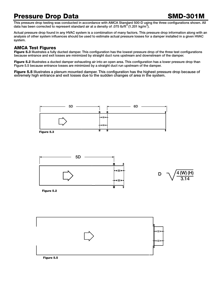 Pressure drop data smd-301m, D4 (w) (h) 3.14 | Greenheck Fan Steel Airfoil Blades SMD-301M User Manual | Page 2 / 7