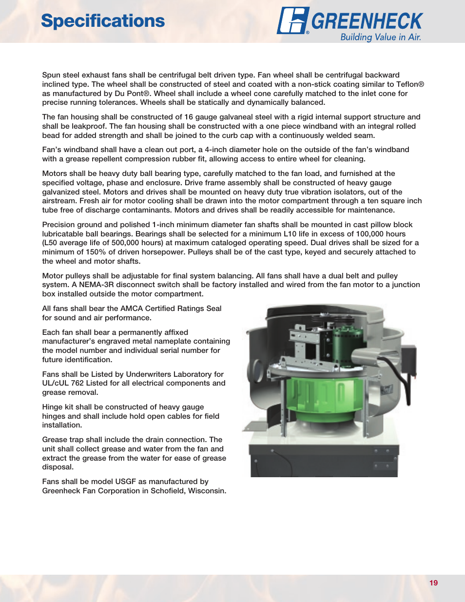 Specifications | Greenheck Fan USGF User Manual | Page 19 / 20