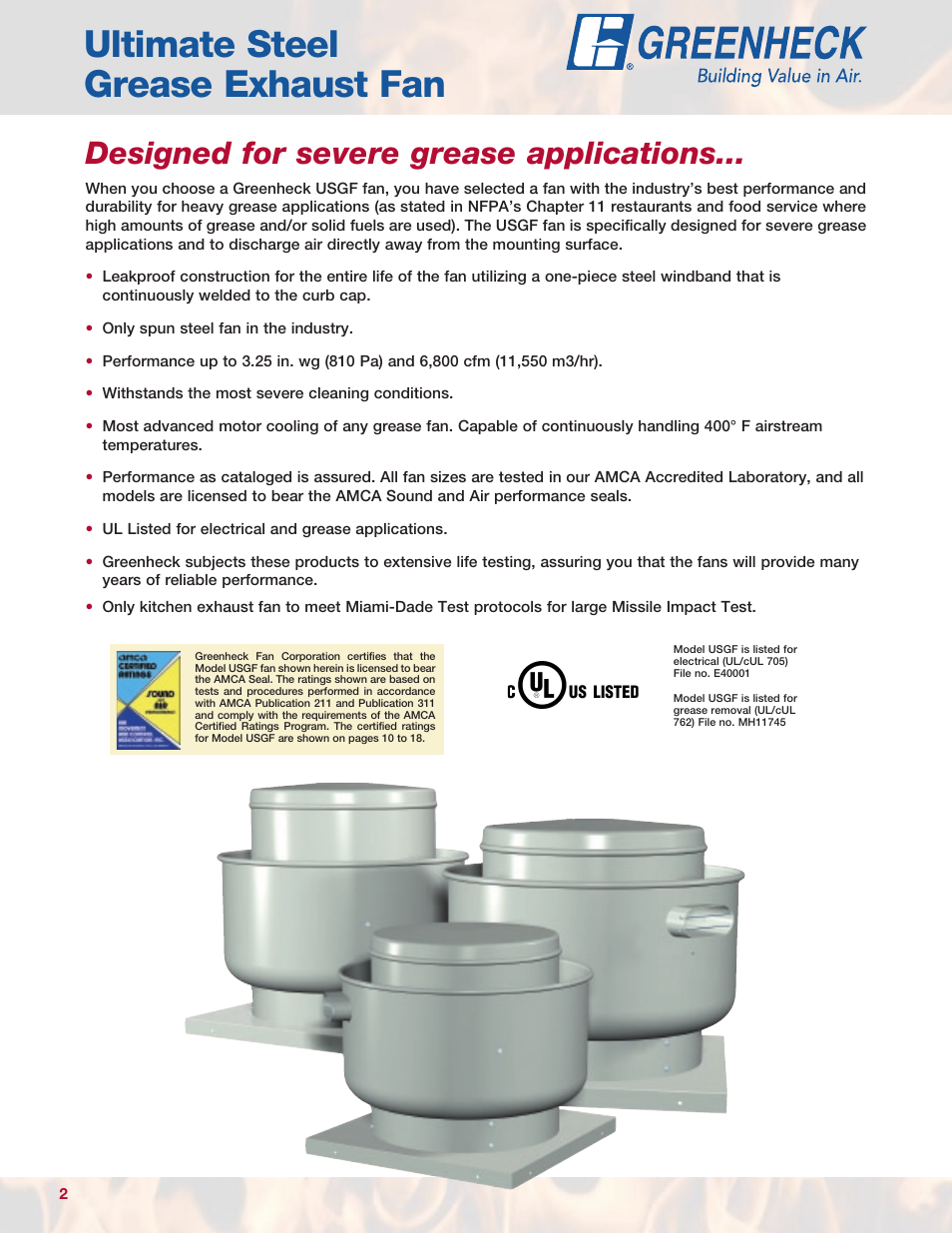 Ultimate steel grease exhaust fan, Designed for severe grease applications | Greenheck Fan USGF User Manual | Page 2 / 20