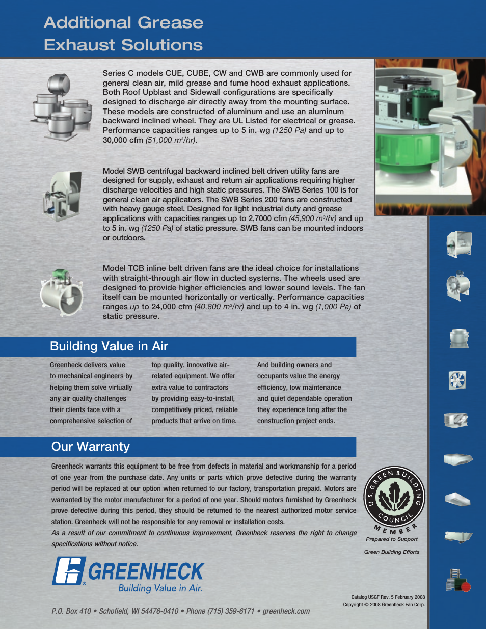 Additional grease exhaust solutions, Building value in air our warranty | Greenheck Fan USGF User Manual | Page 20 / 20