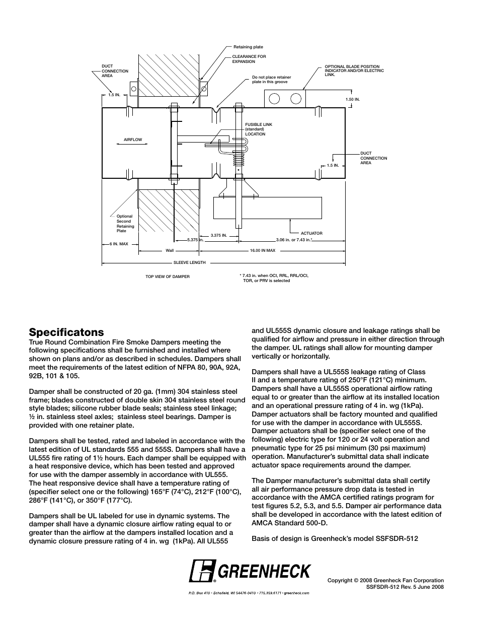 Specificatons | Greenheck Fan SSFSDR-512 User Manual | Page 2 / 2