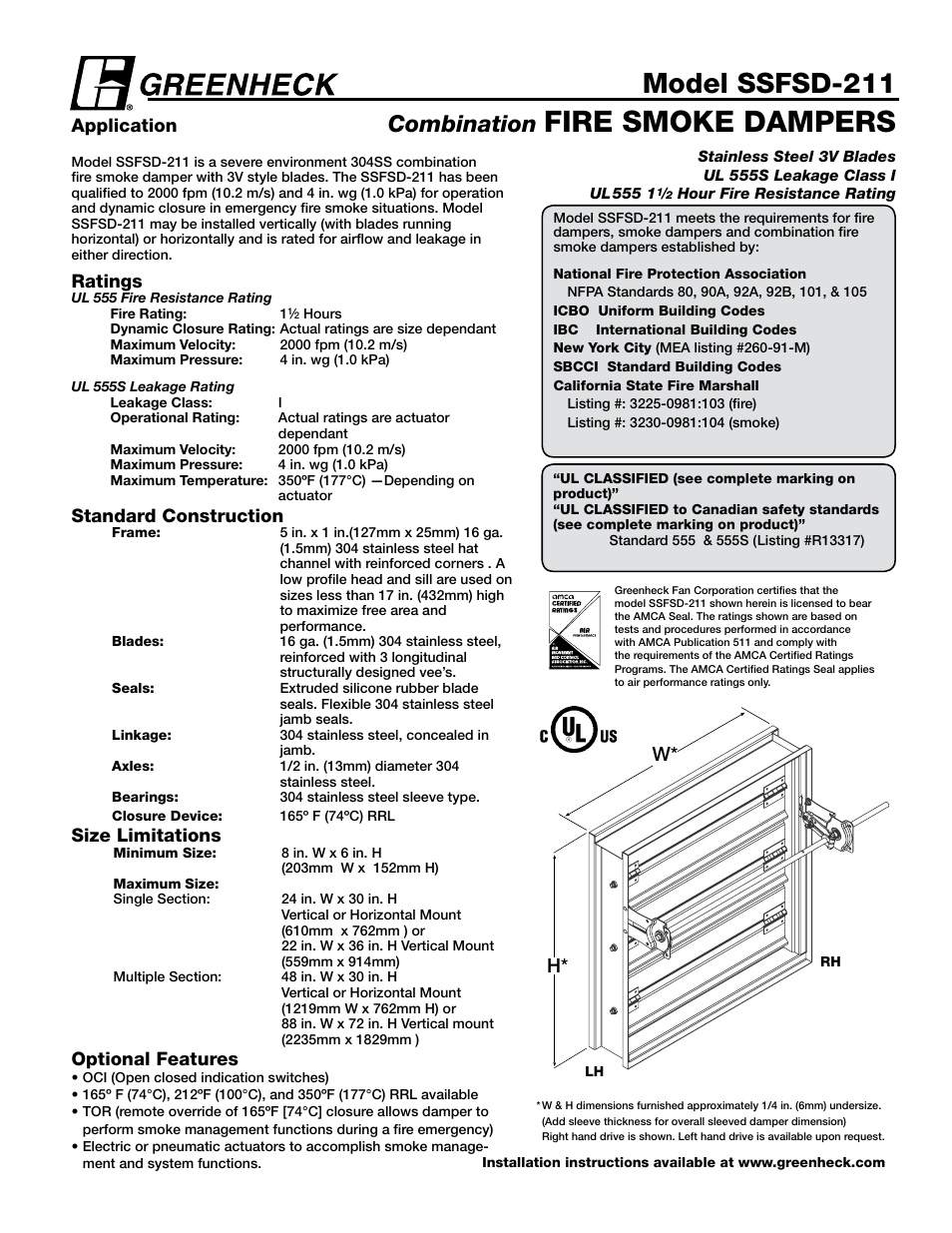 Greenheck Fan Combination Fire Smoke Dampers SSFSD-211 User Manual | 7 pages