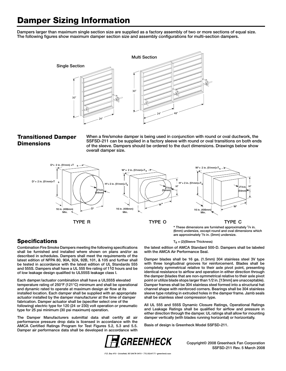 Damper sizing information, Specifications, Transitioned damper dimensions | Type r, Type o, Type c | Greenheck Fan Combination Fire Smoke Dampers SSFSD-211 User Manual | Page 7 / 7
