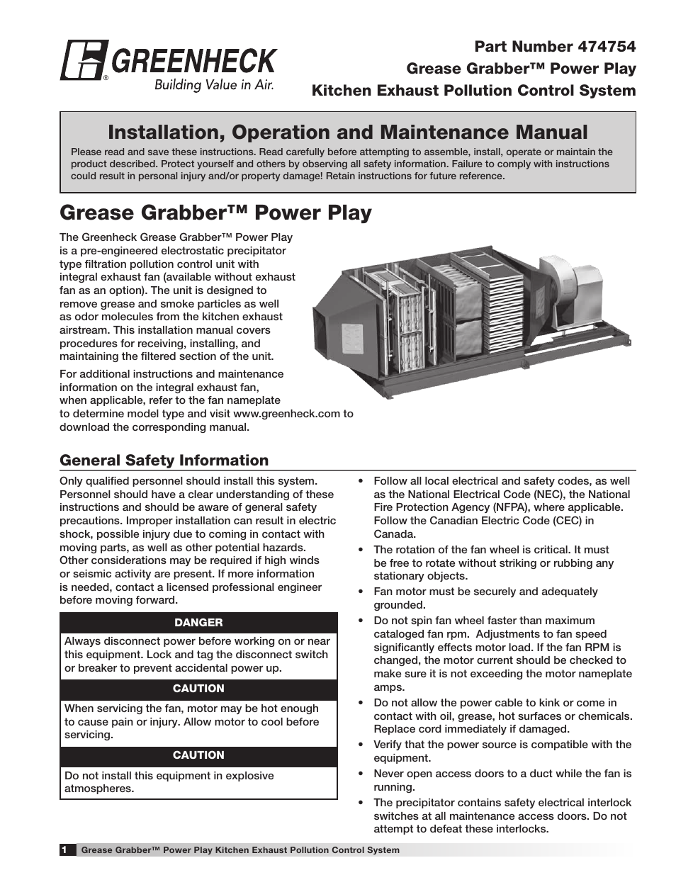 Greenheck Fan Grease Grabber Power Play Kitchen Exhaust Pollution Control System 474754 User Manual | 16 pages