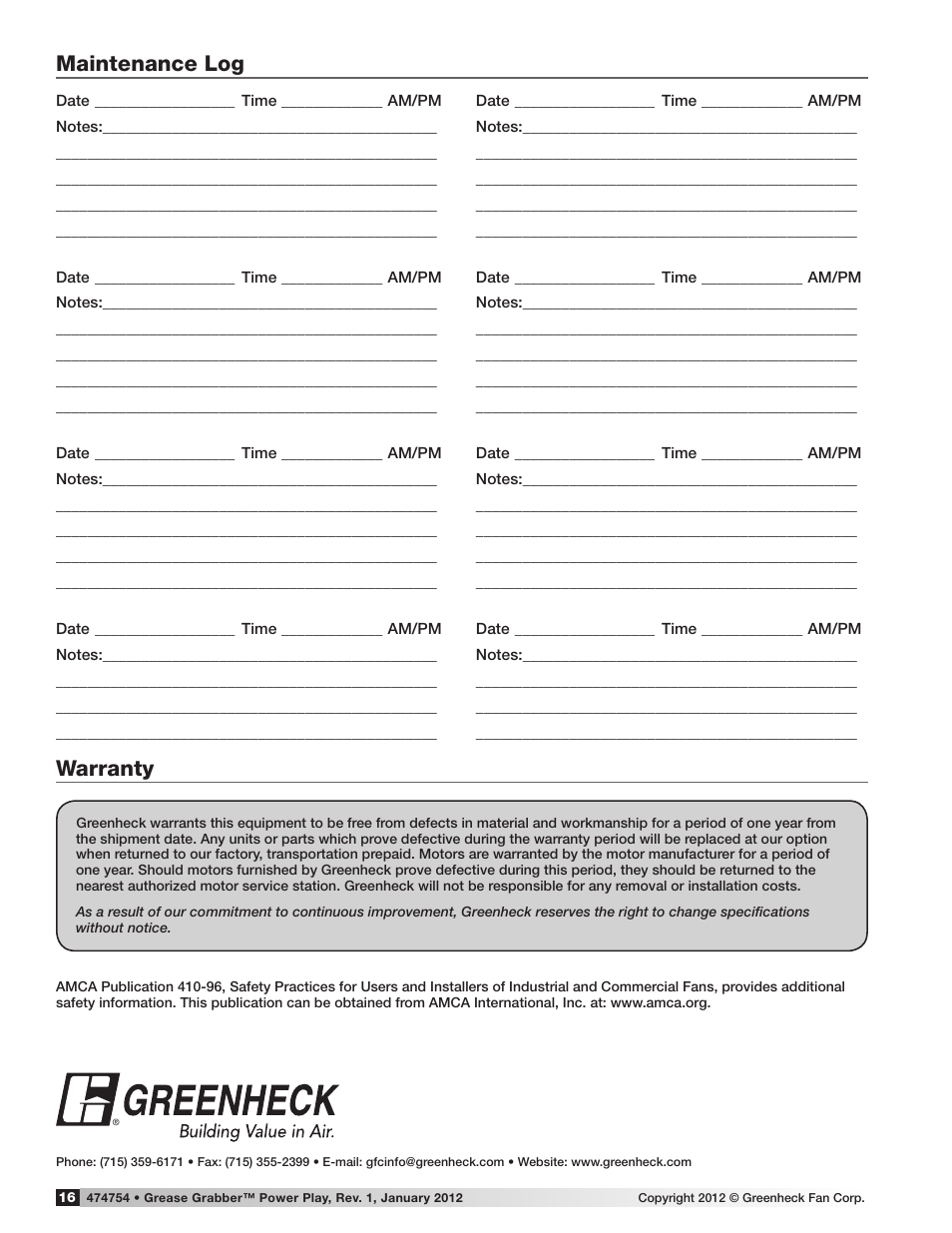 Warranty, Maintenance log | Greenheck Fan Grease Grabber Power Play Kitchen Exhaust Pollution Control System 474754 User Manual | Page 16 / 16