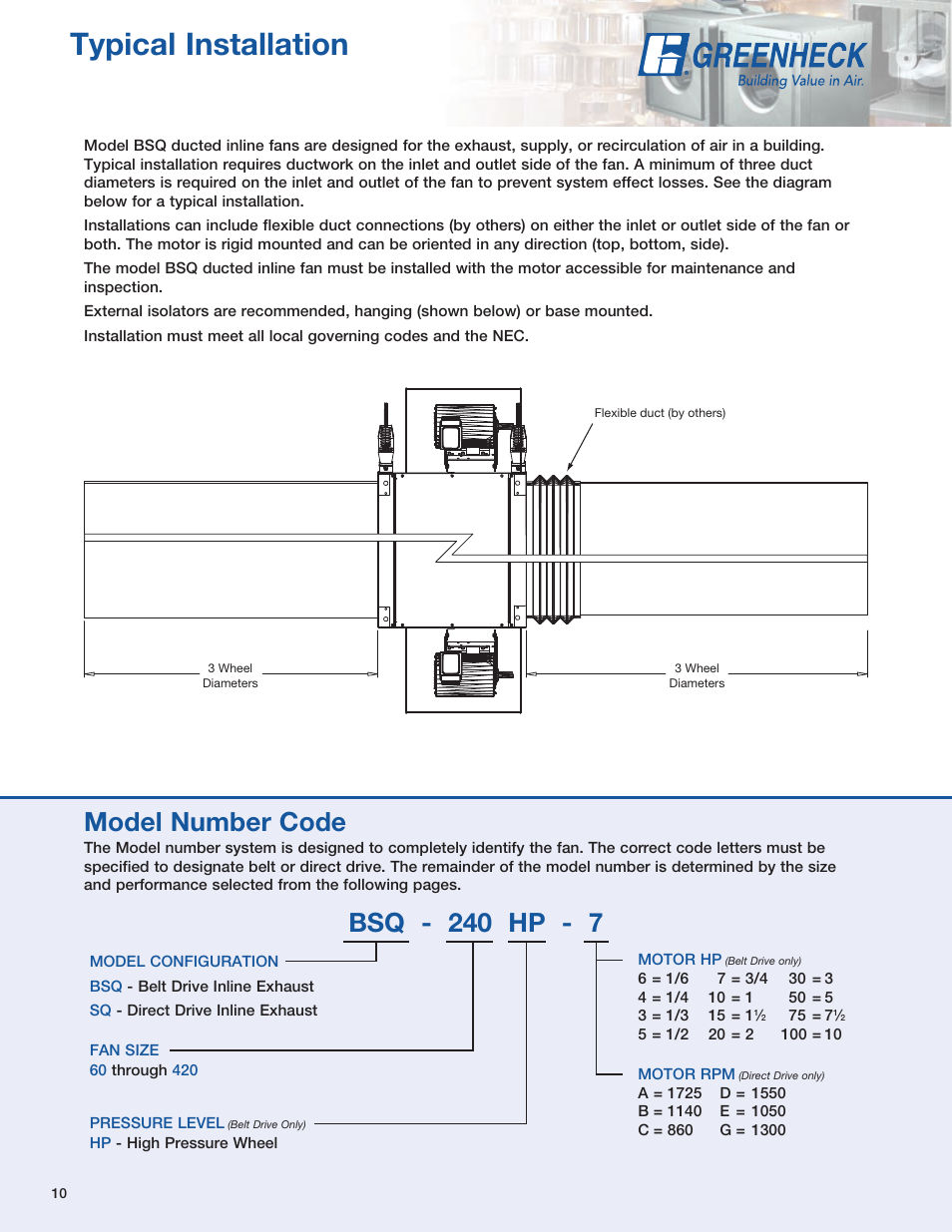 Typical installation, Model number code, Bsq - 240 hp - 7 | Greenheck Fan SQ User Manual | Page 10 / 44