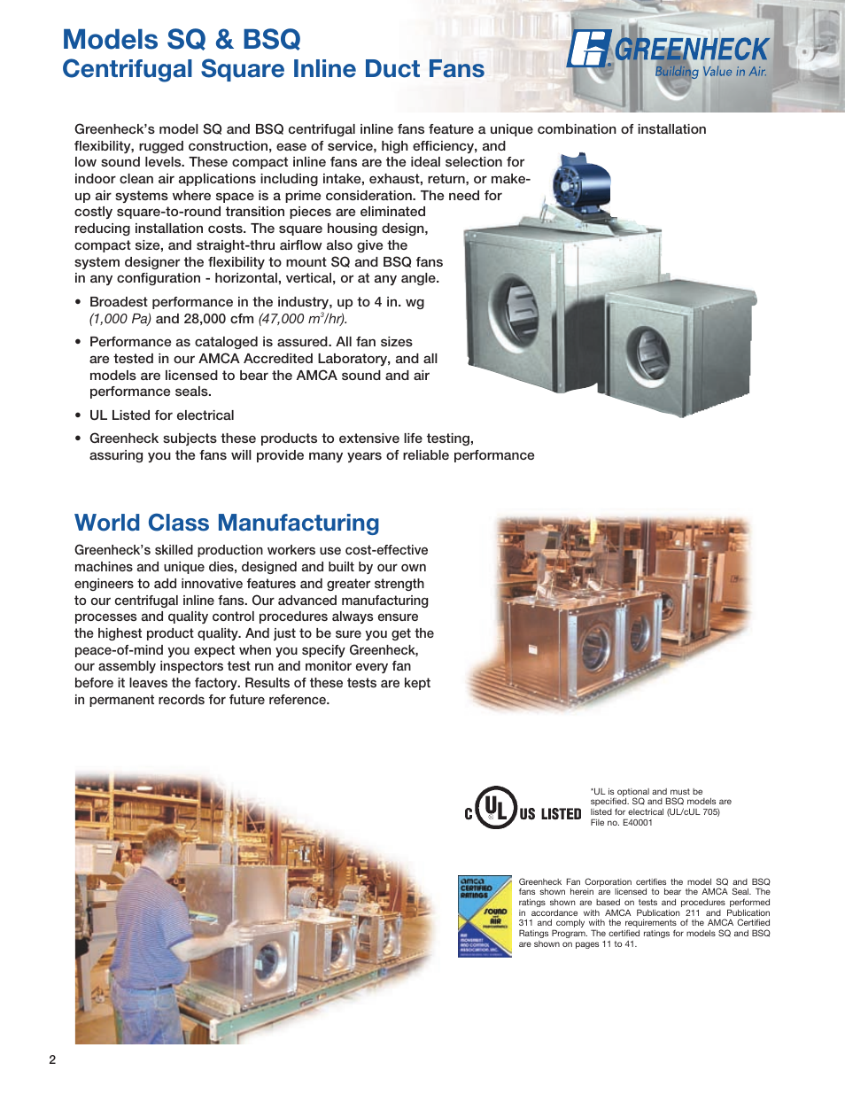 Models sq & bsq, Centrifugal square inline duct fans, World class manufacturing | Greenheck Fan SQ User Manual | Page 2 / 44