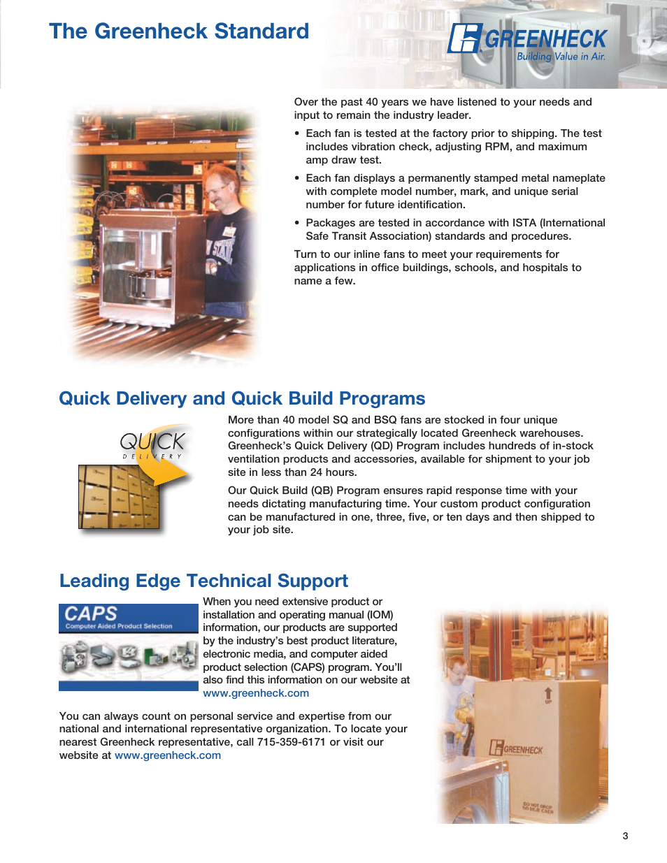 The greenheck standard, Quick delivery and quick build programs, Leading edge technical support | Greenheck Fan SQ User Manual | Page 3 / 44