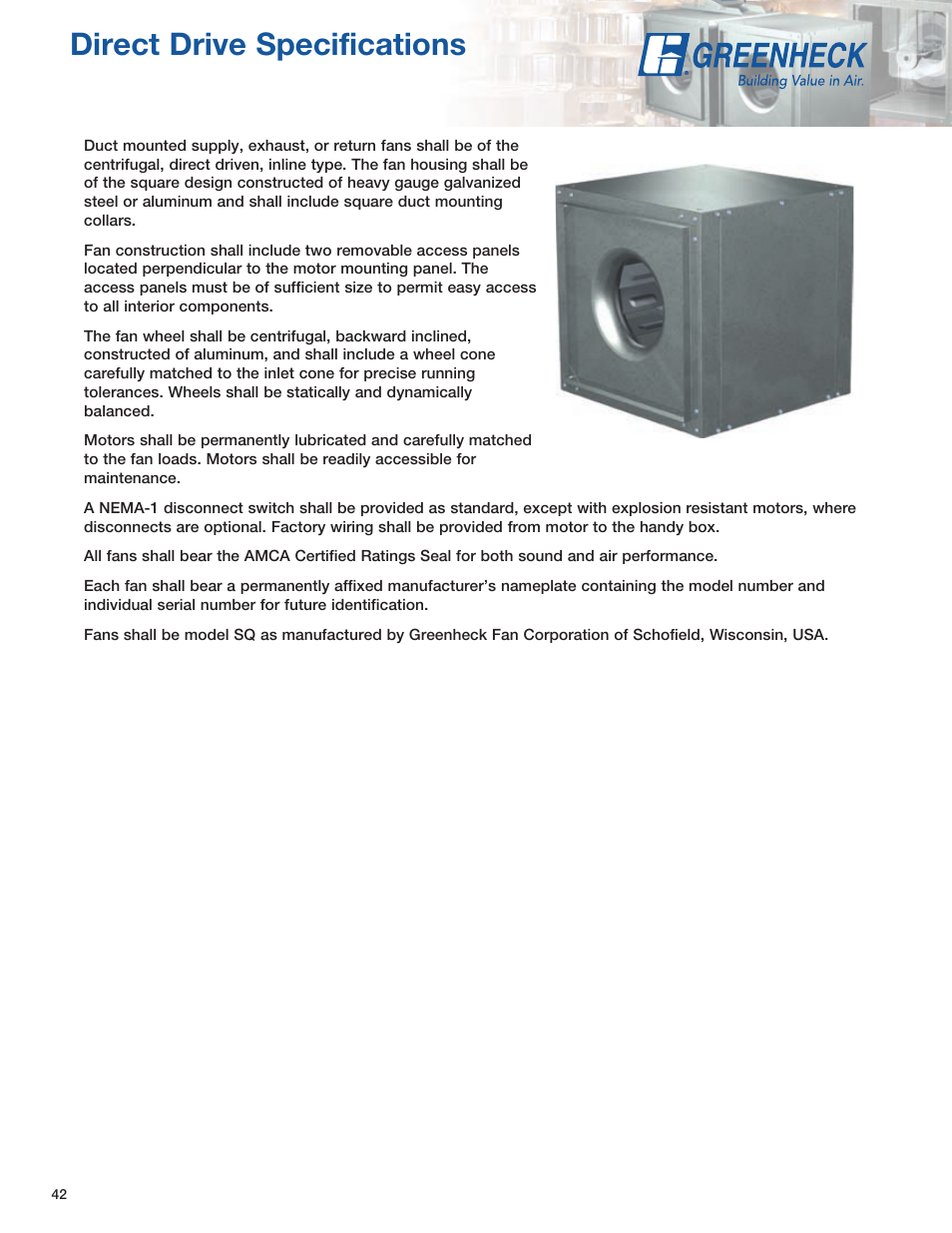 Direct drive specifications | Greenheck Fan SQ User Manual | Page 42 / 44