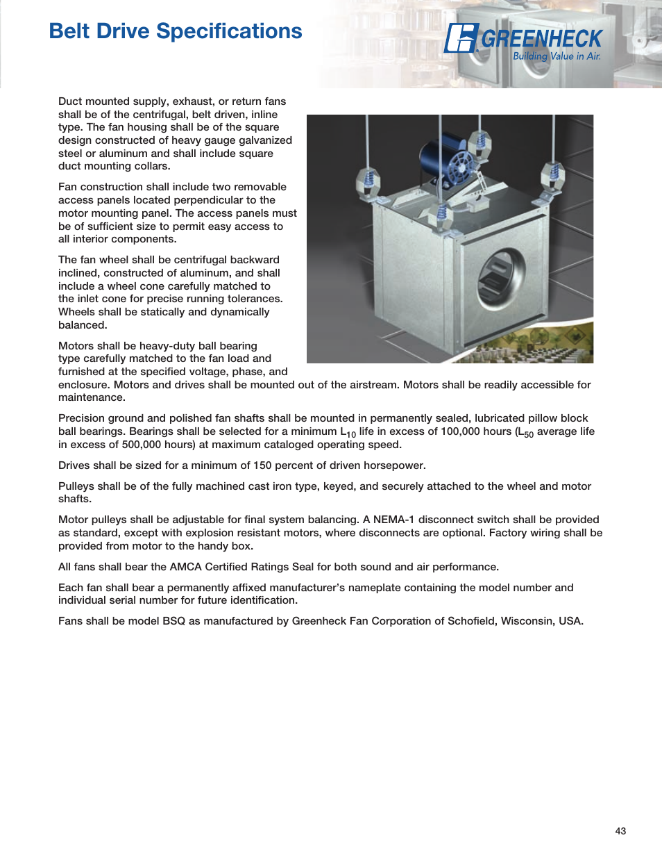 Belt drive specifications | Greenheck Fan SQ User Manual | Page 43 / 44