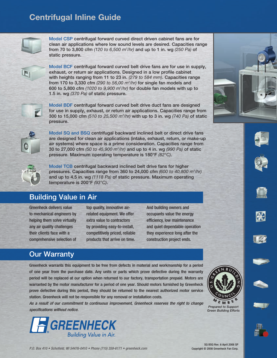 Centrifugal inline guide, Building value in air our warranty | Greenheck Fan SQ User Manual | Page 44 / 44