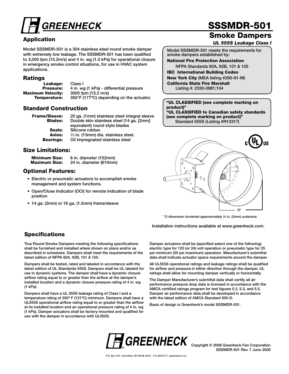 Greenheck Fan Smoke Dampers SSSMDR-501 User Manual | 1 page