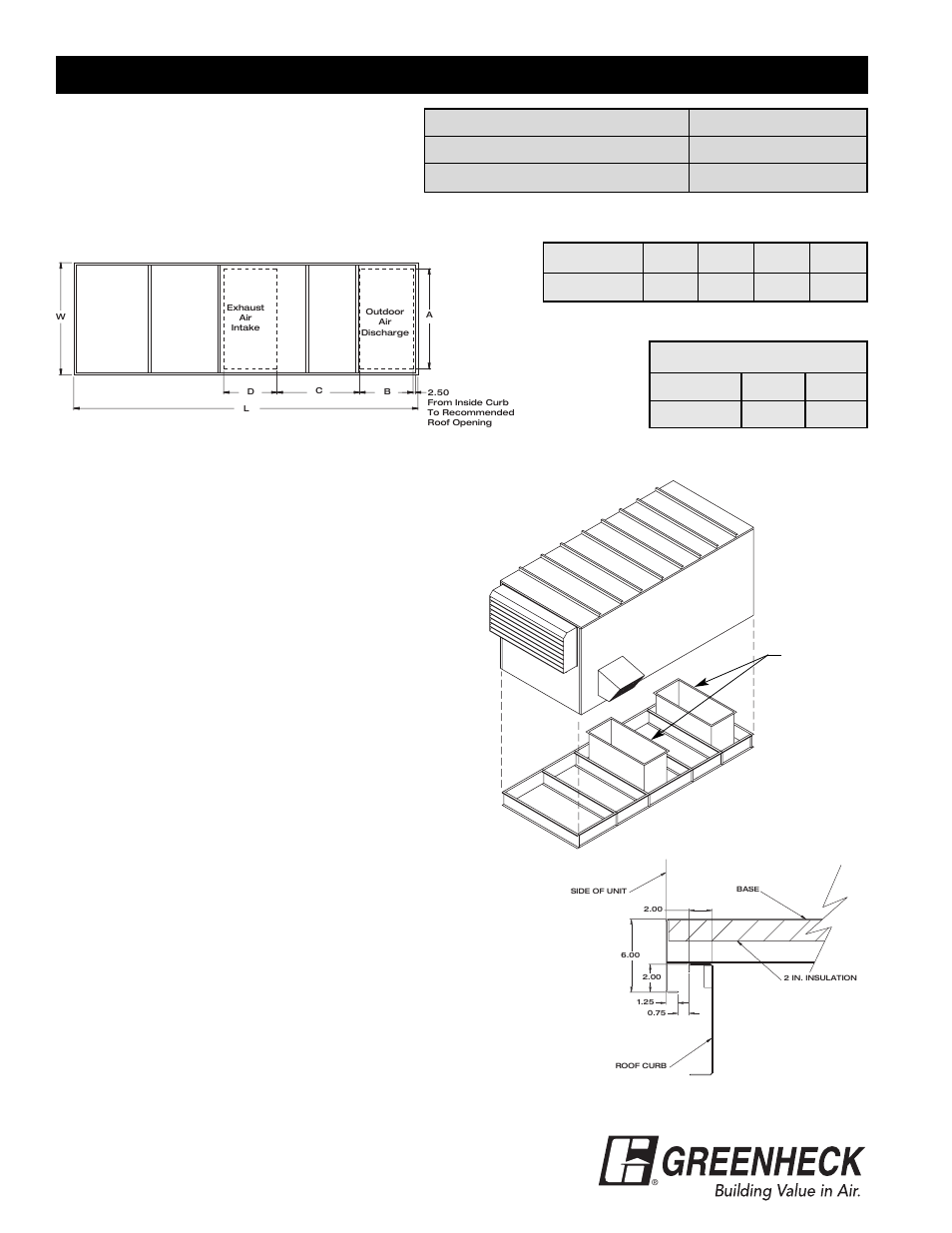 Installation, Recommended roof openings, Roof curb mounting | Unit weights (dry weights) | Greenheck Fan Energy Recovery Ventilator APEX-200 User Manual | Page 4 / 28