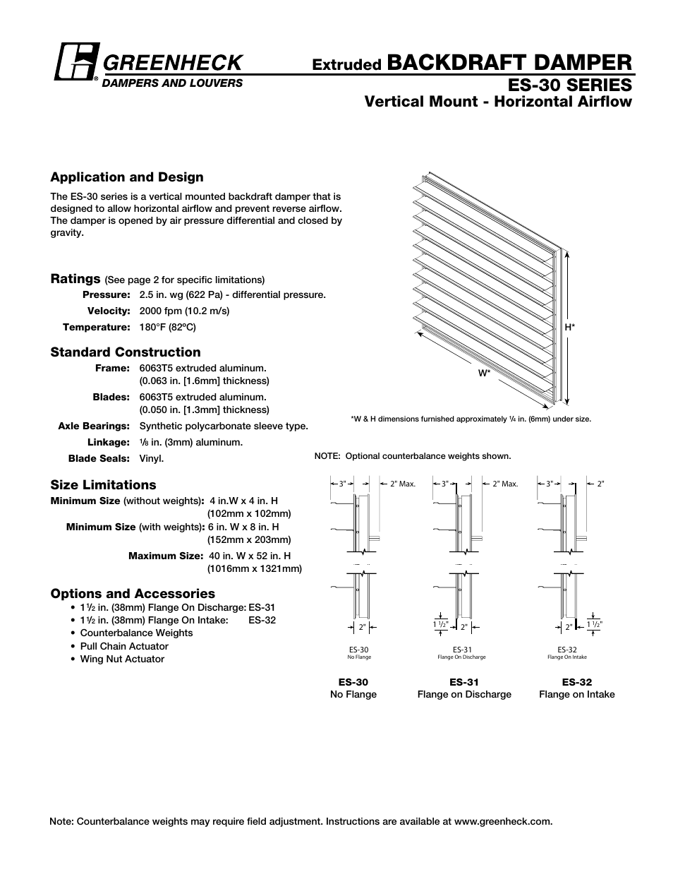Greenheck Fan Extruded Backdraft Damper ES-30 User Manual | 2 pages
