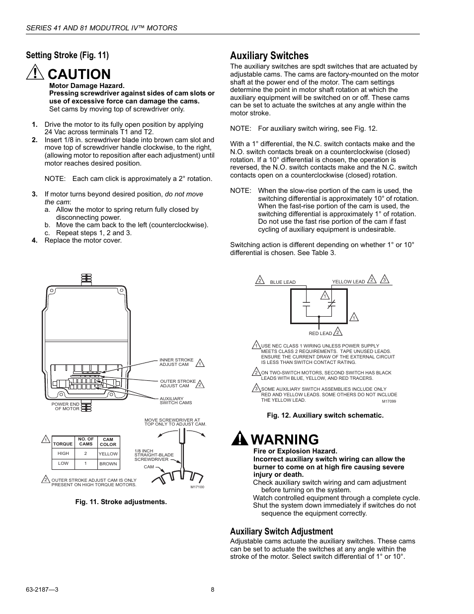 Auxiliary switches, Caution, Warning | Setting stroke (fig. 11), Auxiliary switch adjustment | Greenheck Fan Modutrol IV Motors 81 User Manual | Page 8 / 12