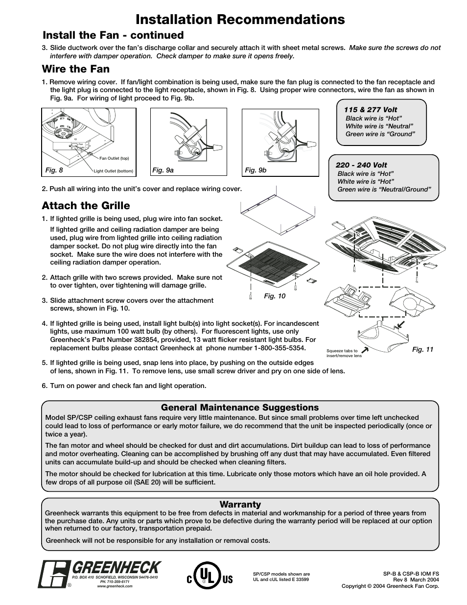 Greenheck, Installation recommendations, Warranty | General maintenance suggestions | Greenheck Fan SP-B User Manual | Page 2 / 2