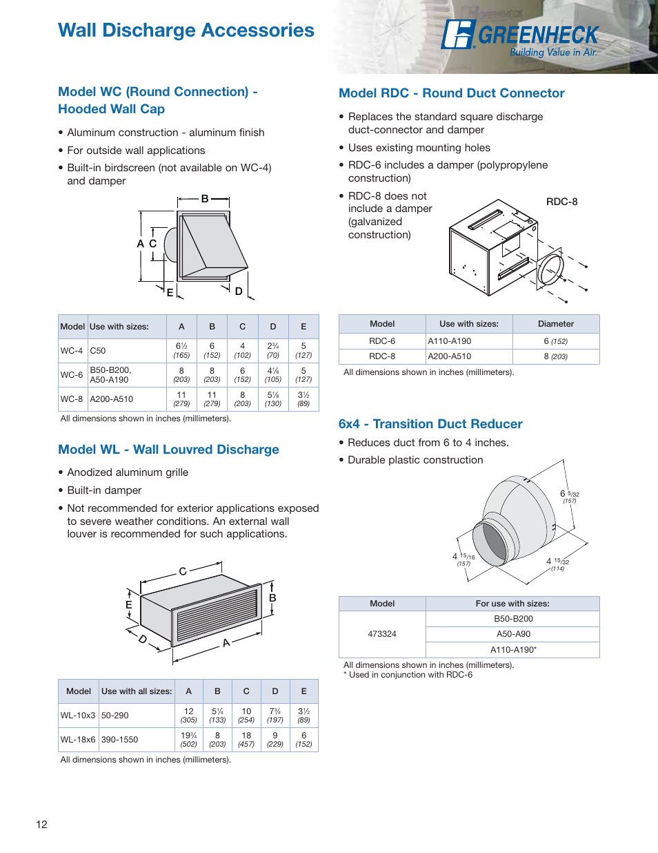 Wall discharge accessories, Model wc (round connection) - hooded wall cap, Model wl - wall louvred discharge | Model rdc - round duct connector, 6x4 - transition duct reducer | Greenheck Fan Centrifugal Ceiling and Cabinet Exhaust Fans CSP User Manual | Page 12 / 24