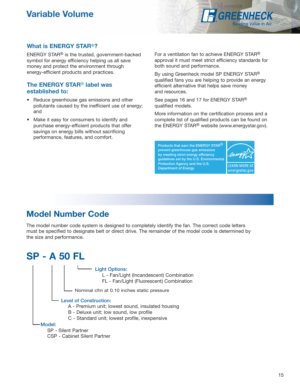 Sp - a 50 fl, Variable volume, Model number code | Greenheck Fan Centrifugal Ceiling and Cabinet Exhaust Fans CSP User Manual | Page 15 / 24