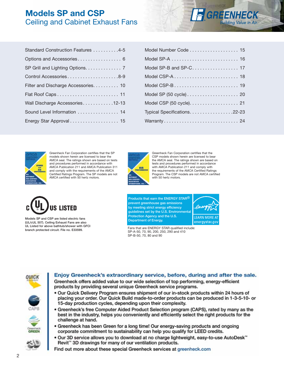 Models sp and csp, Ceiling and cabinet exhaust fans | Greenheck Fan Centrifugal Ceiling and Cabinet Exhaust Fans CSP User Manual | Page 2 / 24