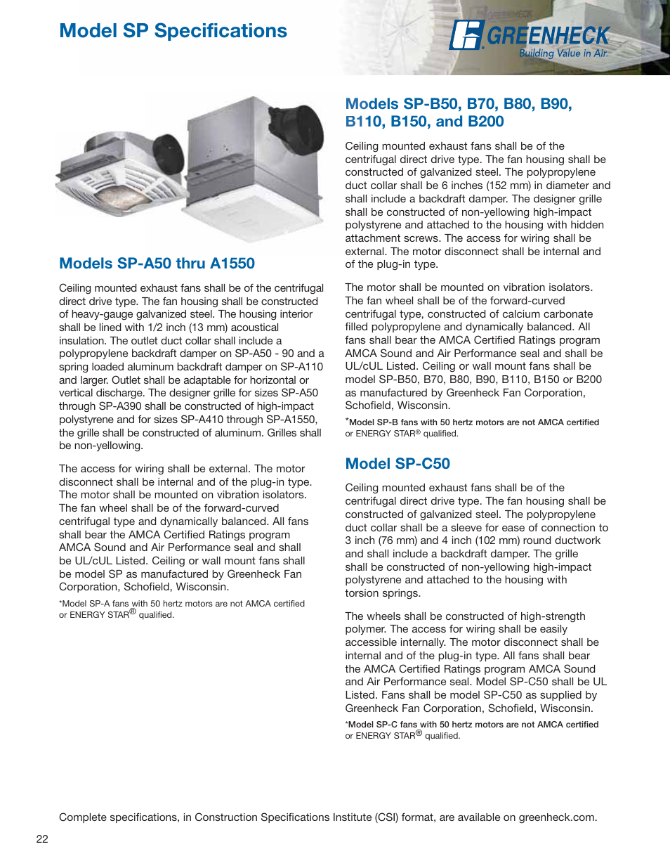 Model sp specifications, Model sp-c50, Mo b11 | Greenheck Fan Centrifugal Ceiling and Cabinet Exhaust Fans CSP User Manual | Page 22 / 24