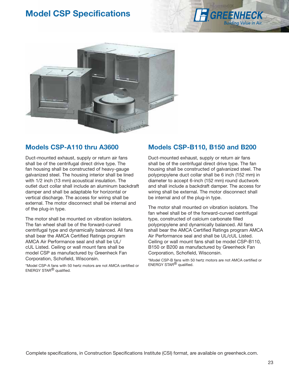 Model csp specifications | Greenheck Fan Centrifugal Ceiling and Cabinet Exhaust Fans CSP User Manual | Page 23 / 24