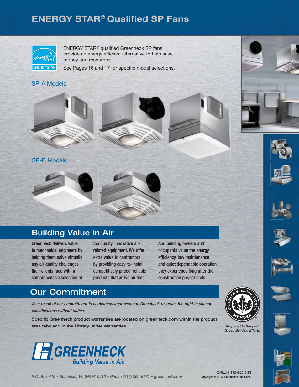 Energy star, Qualified sp fans, Building value in air | Our commitment | Greenheck Fan Centrifugal Ceiling and Cabinet Exhaust Fans CSP User Manual | Page 24 / 24