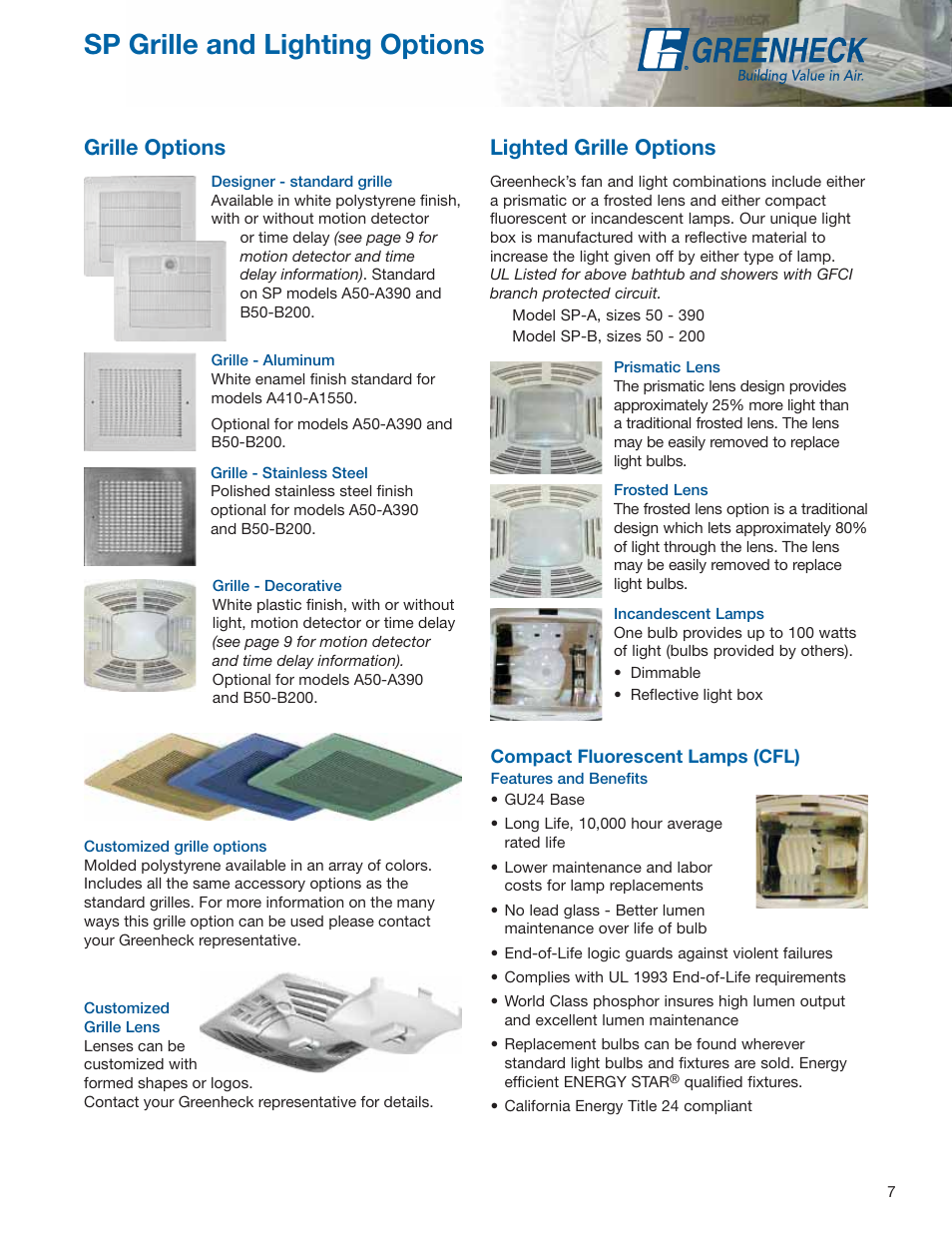 Sp grille and lighting options, Grille options, Lighted grille options | Greenheck Fan Centrifugal Ceiling and Cabinet Exhaust Fans CSP User Manual | Page 7 / 24