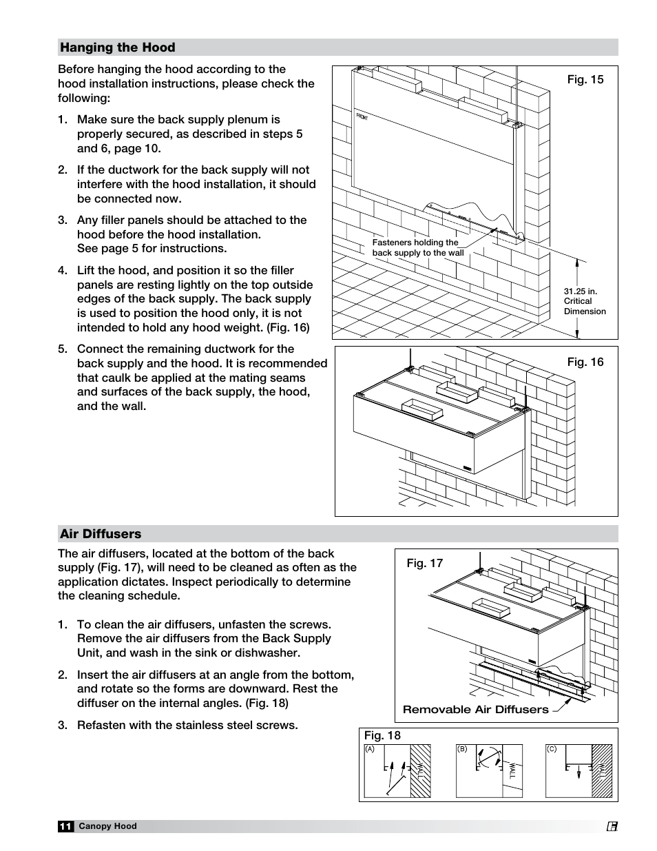 Step 4, Step 5, Air diffusers hanging the hood | Greenheck Fan 452413 User Manual | Page 11 / 40