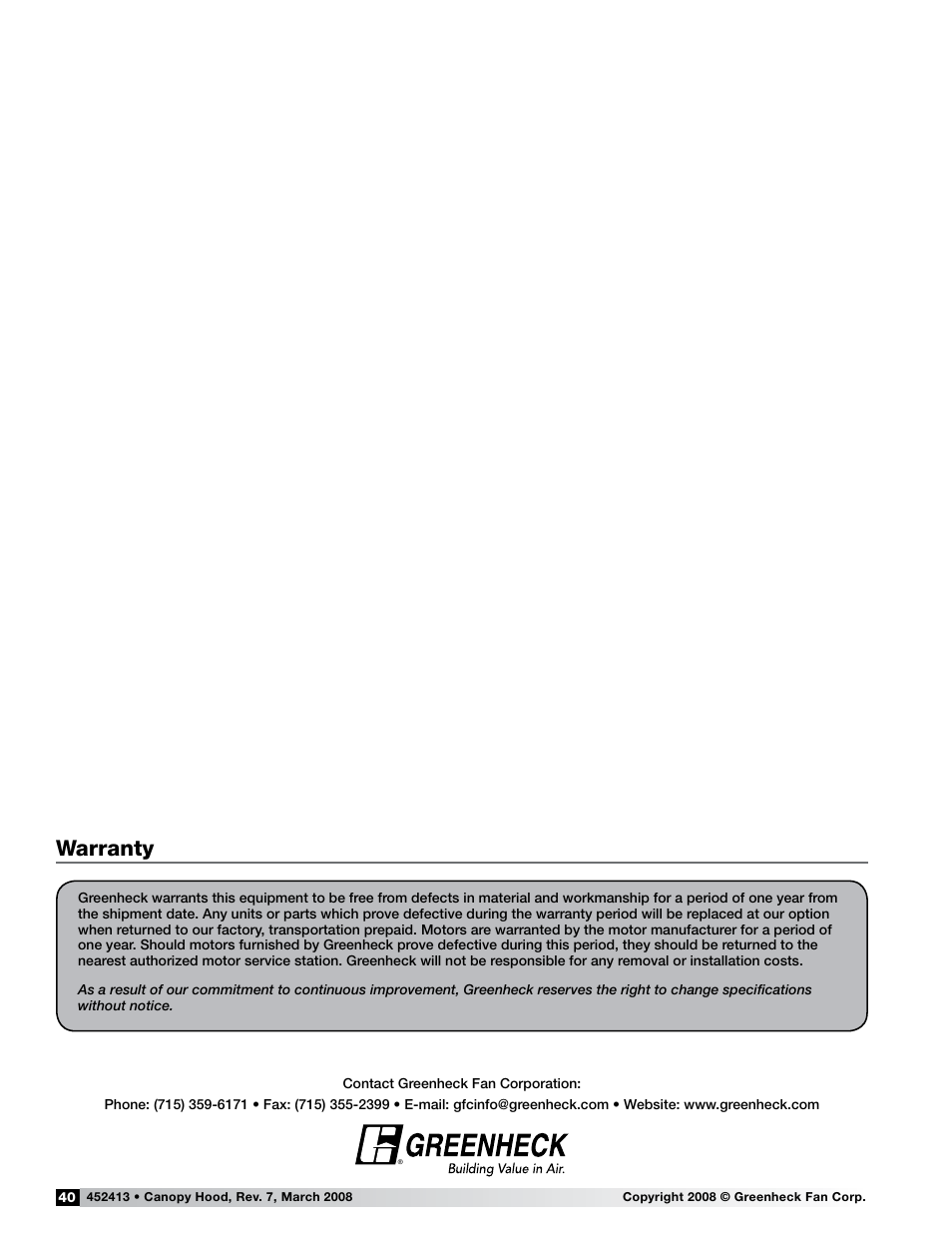 Warranty | Greenheck Fan 452413 User Manual | Page 40 / 40