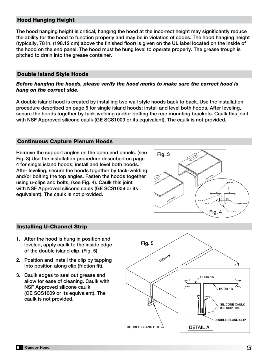 Double island style hoods, Hood hanging height, Fig. 3 fig. 4 | Detail a | Greenheck Fan 452413 User Manual | Page 6 / 40