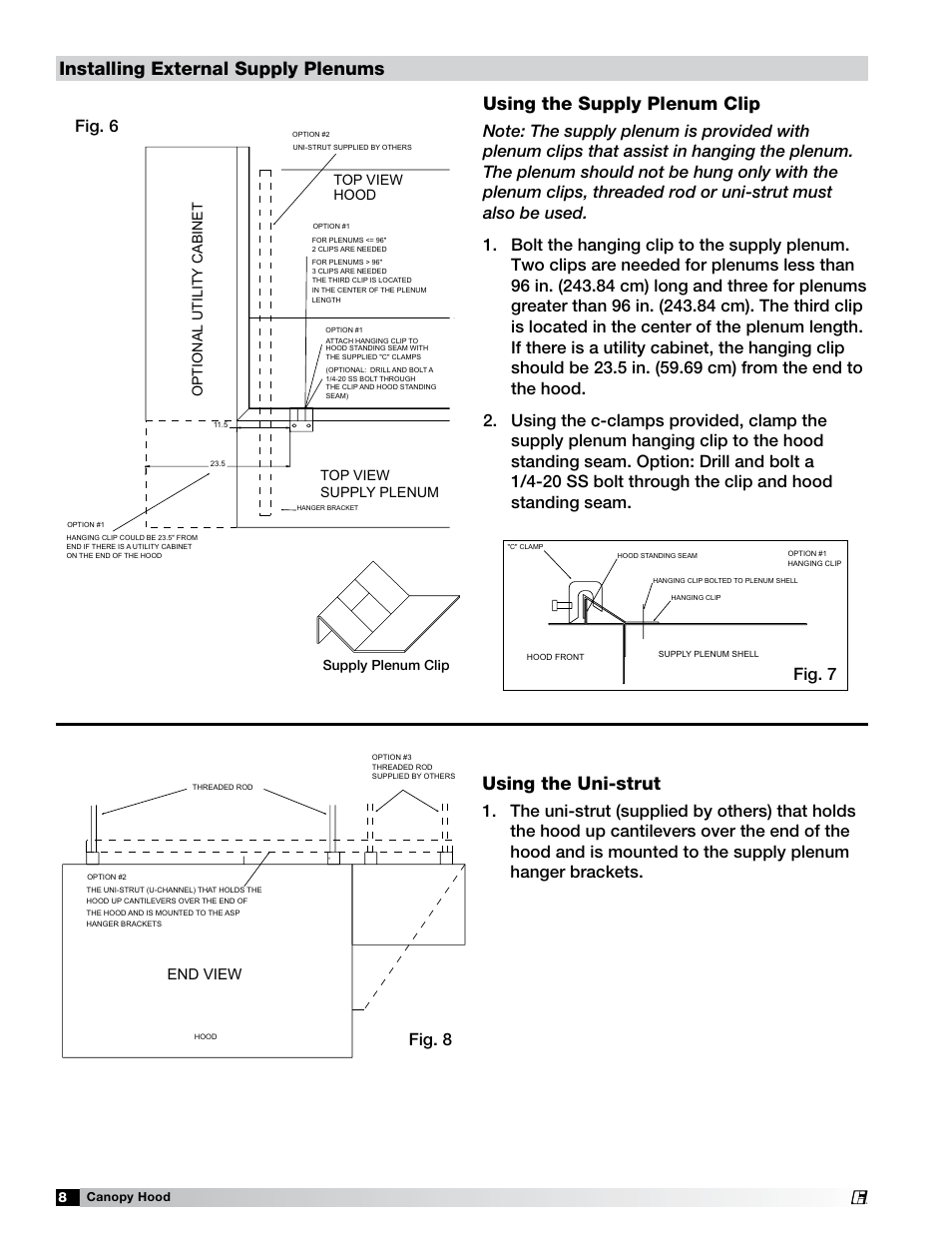 Using the uni-strut, Installing external supply plenums, Using the supply plenum clip | Fig. 6 fig. 7 fig. 8, End view, Optional utilit y cabinet, Supply plenum clip | Greenheck Fan 452413 User Manual | Page 8 / 40
