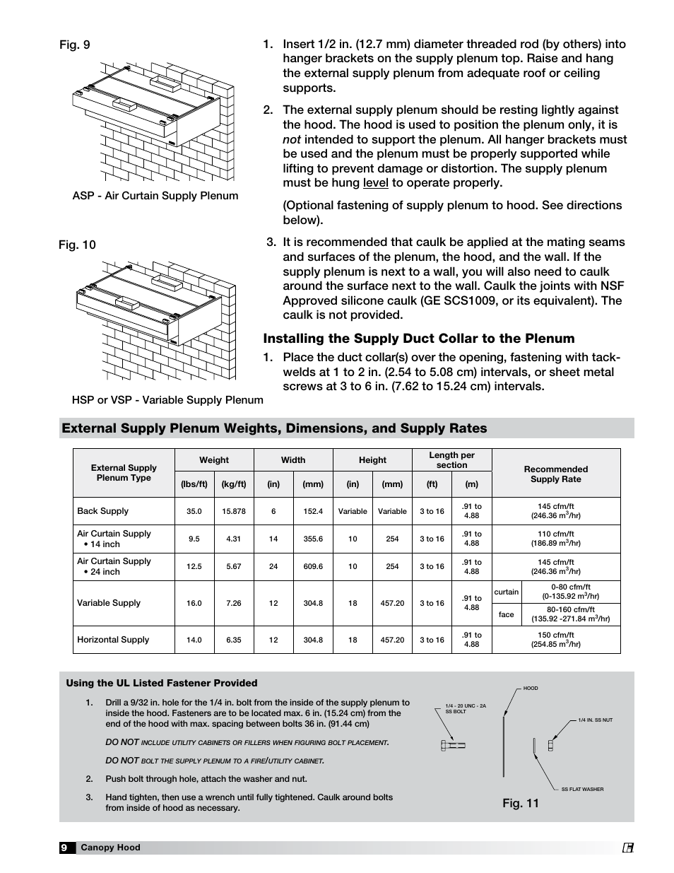 Installing the supply duct collar to the plenum, Fig. 10 fig. 9, Fig. 11 | Plenum | Greenheck Fan 452413 User Manual | Page 9 / 40