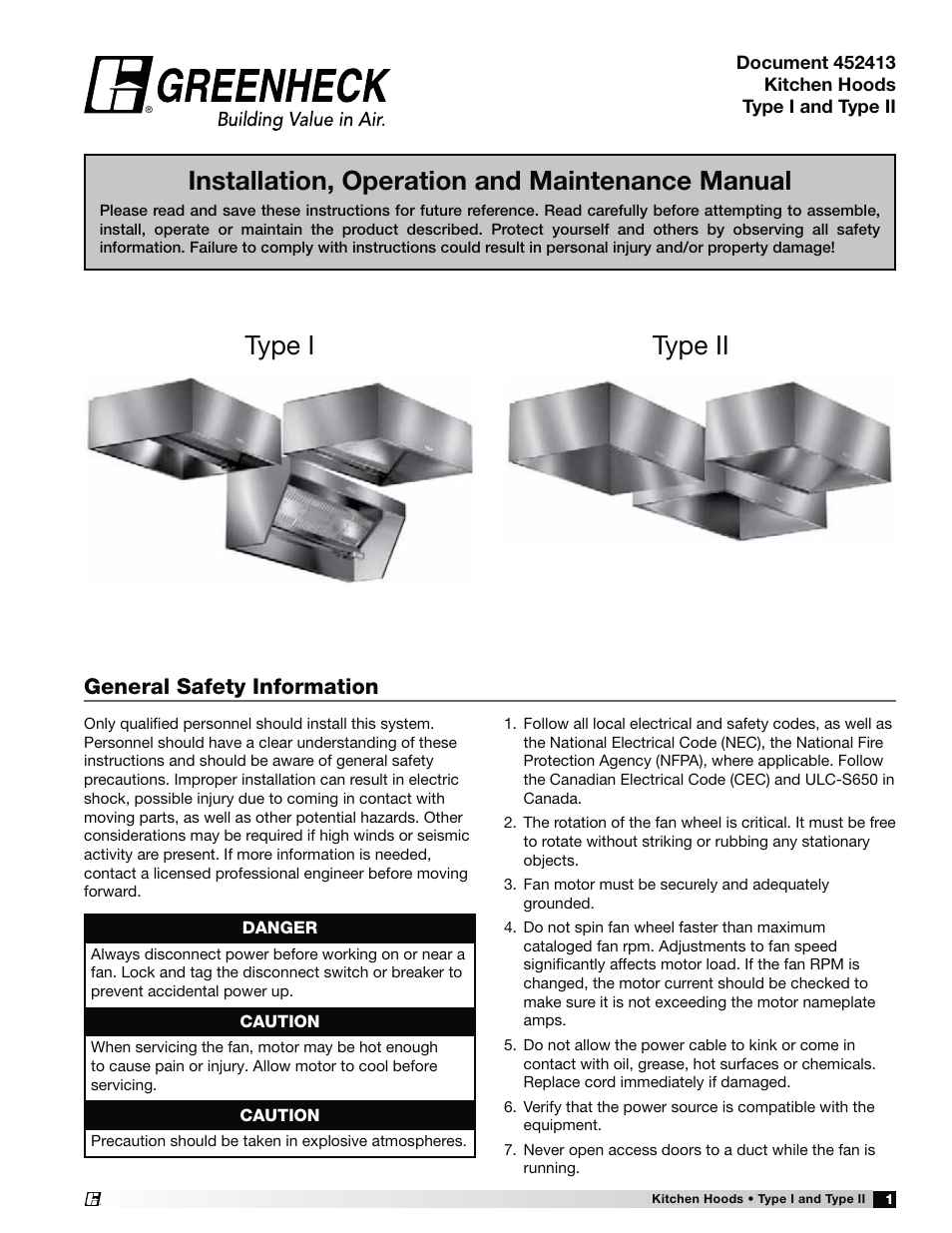 Greenheck Fan Canopy Type Kitchen Hoods 452413 User Manual | 32 pages