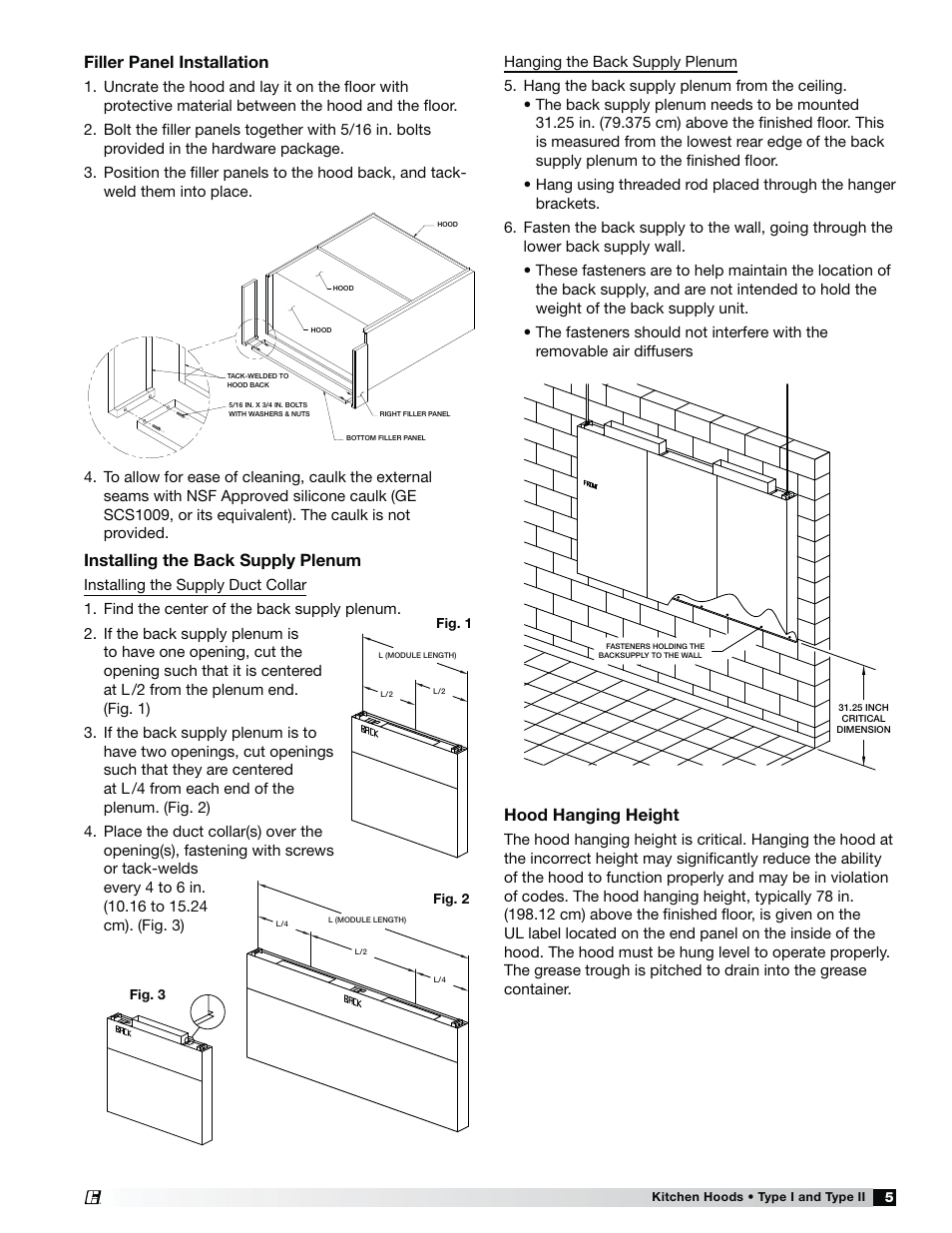 Filler panel installation, Installing the back supply plenum, Hood hanging height | Greenheck Fan Canopy Type Kitchen Hoods 452413 User Manual | Page 5 / 32